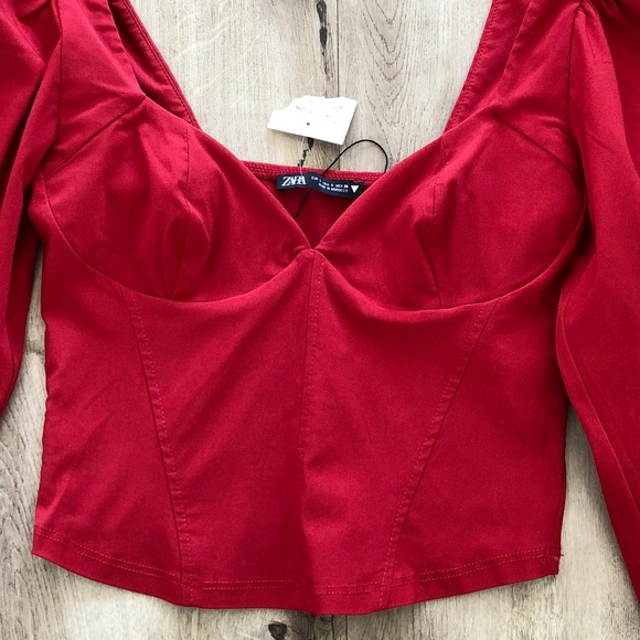 Zara,‎ Red, Long Puffy Sleeves, With Pleats, Fitted, Crop Top, NEW, Size, Small - Picture 5 of 12